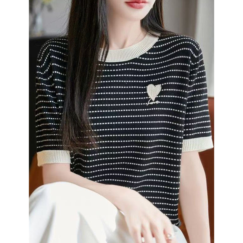 新款新款衣女针织衫肩上短袖夏季哥家2025条纹冰丝时尚爱心正刺绣