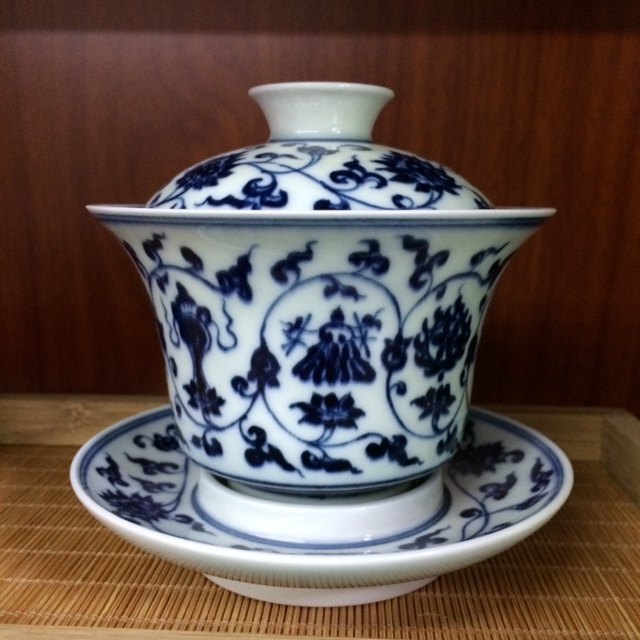 景德镇纯手工手绘八宝缠枝莲青花柴窑盖碗窑口雨含轩马蹄盖碗