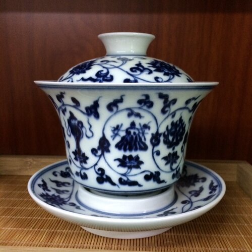 景德镇纯手工手绘八宝缠枝莲青花柴窑盖碗窑口雨含轩马蹄盖碗