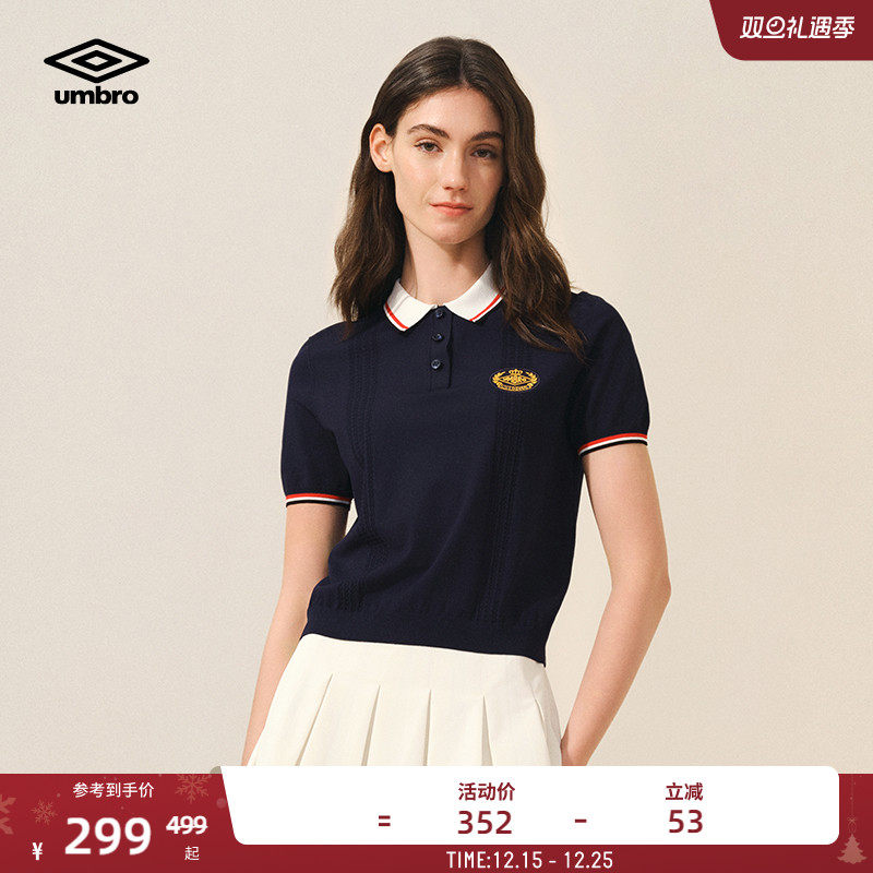 umbro茵宝官方运动Polo衫新款短款女士学院风复古短袖翻领T