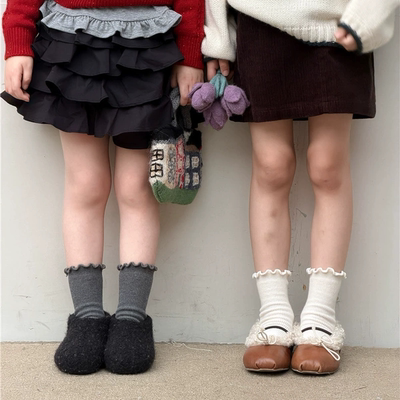 女童复古色木耳边精梳棉短袜秋季新款儿童袜子宝宝公主风潮袜