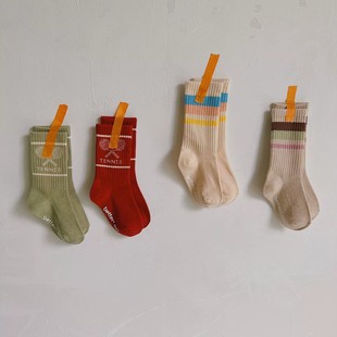 儿童拼色条纹中筒袜春秋款 可爱卡通网球拍儿童袜潮袜