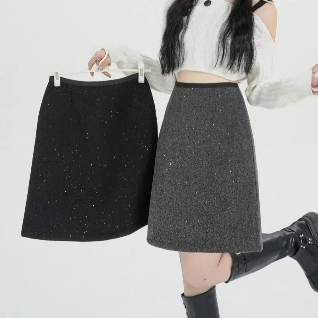 大码香风高级亮片毛呢中裙秋冬款半身裙高腰显瘦A字包臀短裙,女装/女士精品,大码半身裙,淘宝优惠券,粉丝福利购,淘宝优惠卷