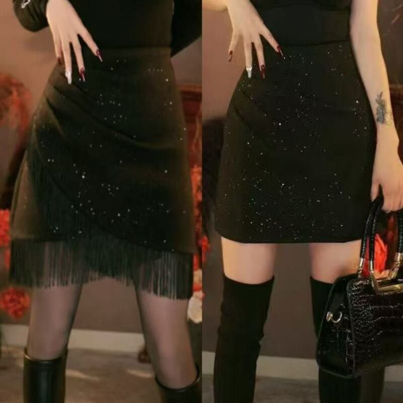 星9549A字半身裙女新款毛呢加厚高腰星空亮片流苏时尚百搭短裙,女装/女士精品,大码半身裙,淘宝优惠券,粉丝福利购,淘宝优惠卷