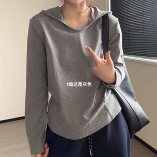 特大码 卫衣女ins 200斤气质简约纯色弧形下摆遮肚显瘦正肩连帽长袖