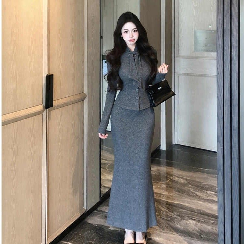 【两件套】小香风灰色飘带短款上衣女春季包臀鱼尾裙长裙盐系轻熟,女装/女士精品,大码套装,淘宝优惠券,粉丝福利购,淘宝优惠卷