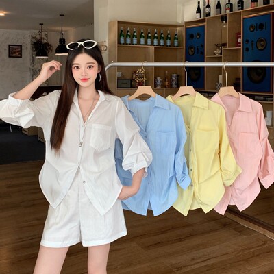 春季新款衬衫凹造型翻领泡泡袖大码女装显瘦衬衫3918