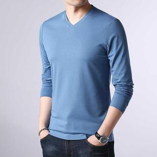 2023秋季 t恤男V领打底衫 莫代尔纯色男装 内搭体恤上衣服 桑蚕丝长袖