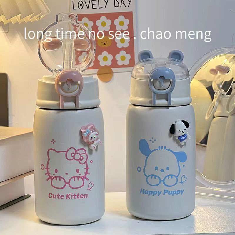 高颜值卡通小笨熊保温杯儿童学生手提水杯吸管杯304不锈钢