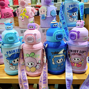 小鹿角儿童壶吸管杯子不锈钢保温杯卡通女幼儿园学生背带水壶水杯