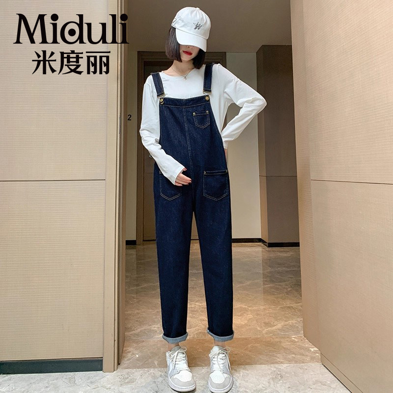 孕妇裤子外穿春秋款牛仔裤背带裤套装春季直筒阔腿裤大码长裤春装