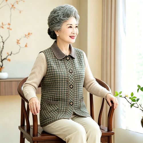 母亲新款宽松坎肩妈妈装春秋薄款格子马夹外穿背心中老年人马夹女