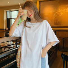 官圖實價 65%聚酯纖維 30%棉 5%氨綸 2021夏裝中長款開叉T恤女