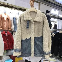 Official picture real price 100% polyester 2020 winter heavy denim patchwork coat loose long sleeve sweater