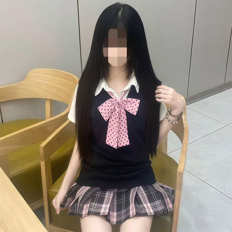 日系jk马甲毛衣校供感背心可叠穿粉雾海裙学院风黑色无袖针织上衣
