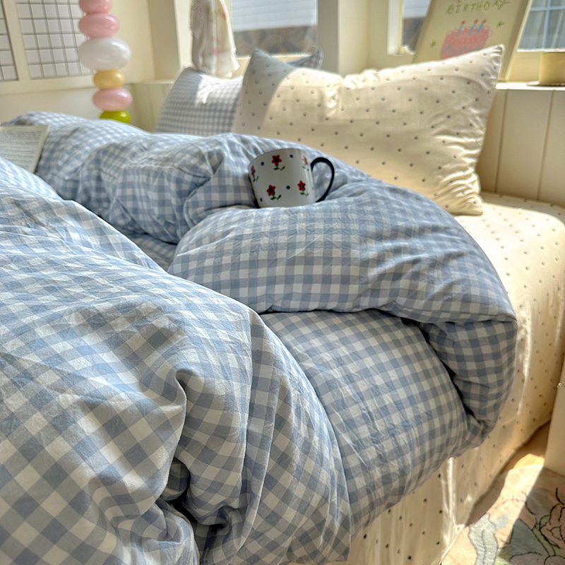 小红书爆款～简约格子被罩四件套