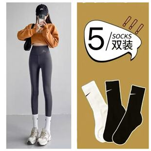 鲨鱼裤配的袜子女棉潮秋中筒白色跑步运动外穿搭配瑜伽裤长筒袜夏