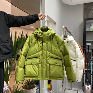 冬季新款男90白鸭绒日系工装连帽羽绒服百搭简约纯色口袋保暖上衣