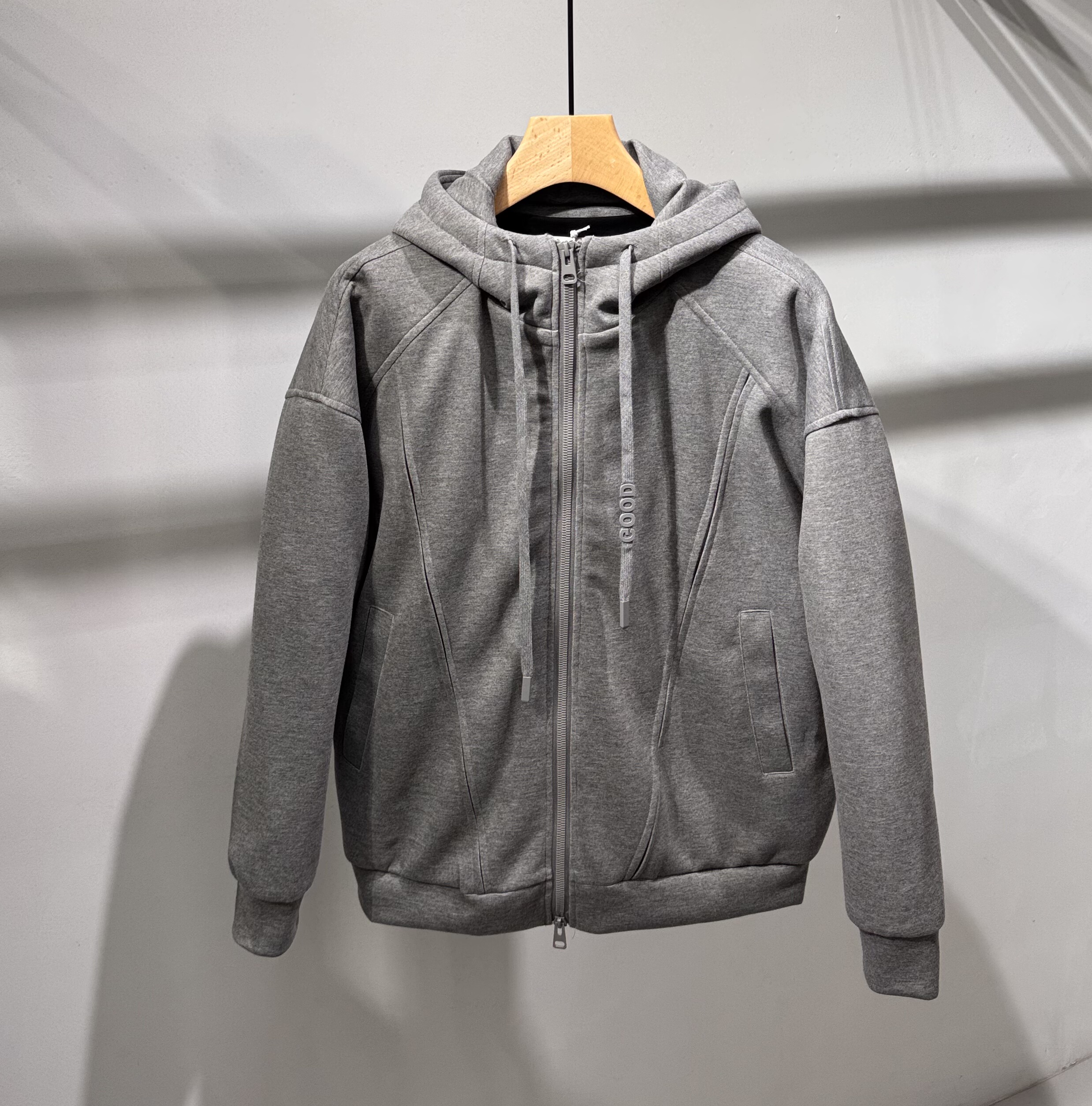 秋冬新款连帽羽绒服男美式潮流结构设计加厚保暖卫衣开衫纯色上衣
