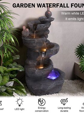 Cascading Rock Water Fountain with LED Lights Resin Stone