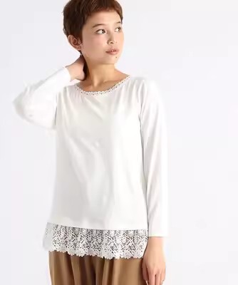 特价studio CLIP日本蕾丝纯棉气质温柔内搭小心机早秋衫中长袖8分