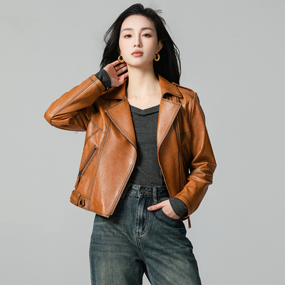 真皮皮衣女款2025新款海宁进口绵羊皮外套小个子短款机车皮夹克