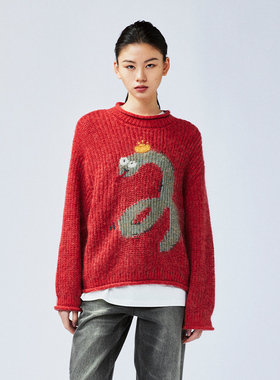 UOOYAA/乌丫2025春季新款贺岁潦草招财蛇套头毛衫