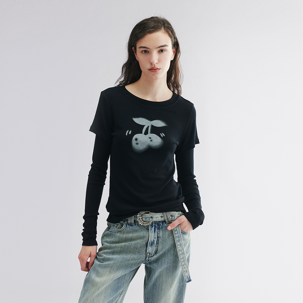 乌丫动感樱桃天丝羊毛假两件T恤