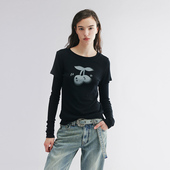 新款 UOOYAA 乌丫2025秋季 动感樱桃天丝羊毛假两件T恤