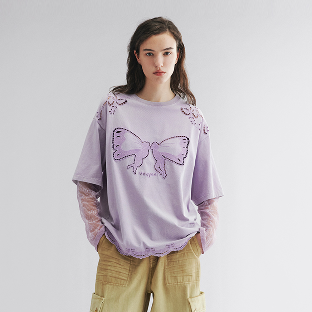 UOOYAA/乌丫镂空绣花假两件T恤