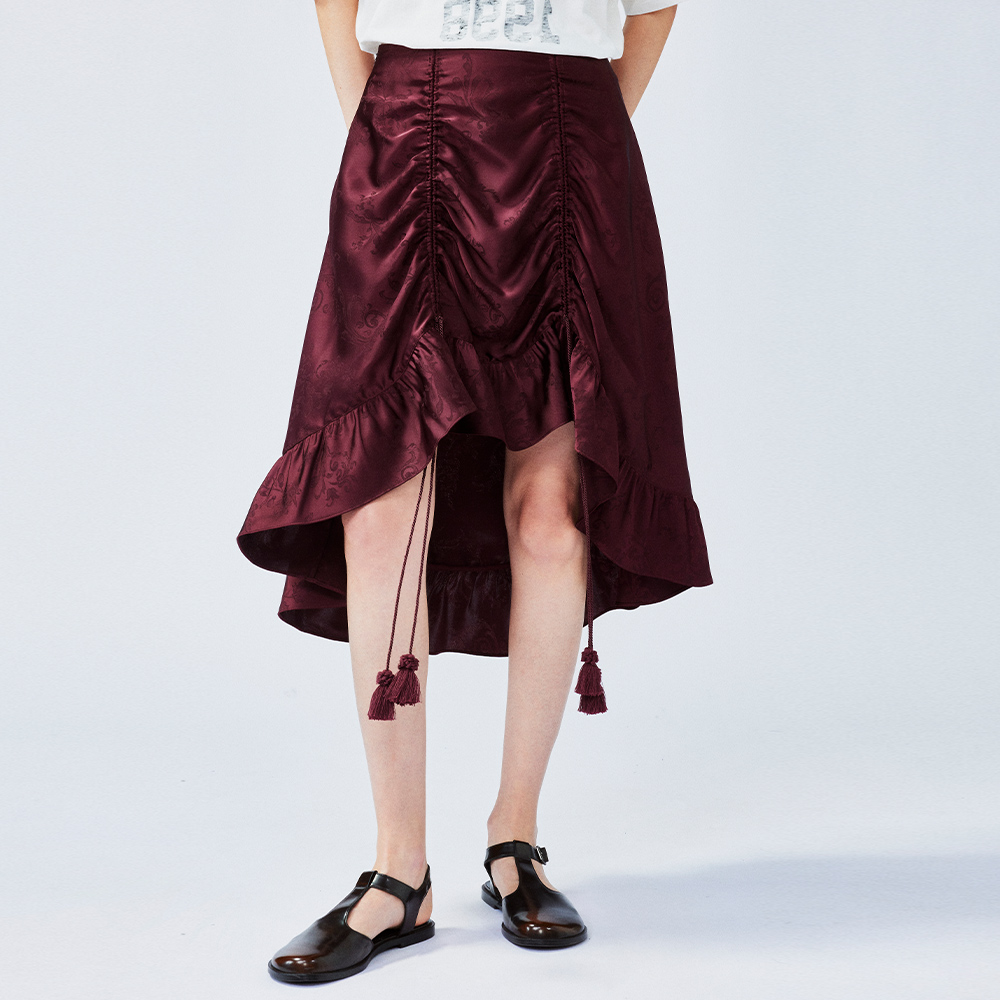 UOOYAA/乌丫缎面提花抽褶半裙