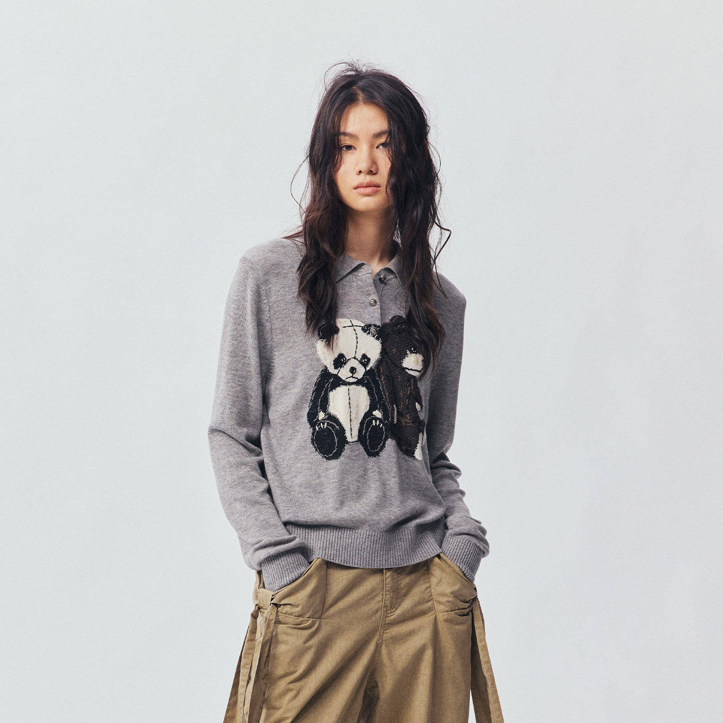 UOOYAA/乌丫2026冬季新款「Petty Teddy」钉珠刺绣polo毛衫