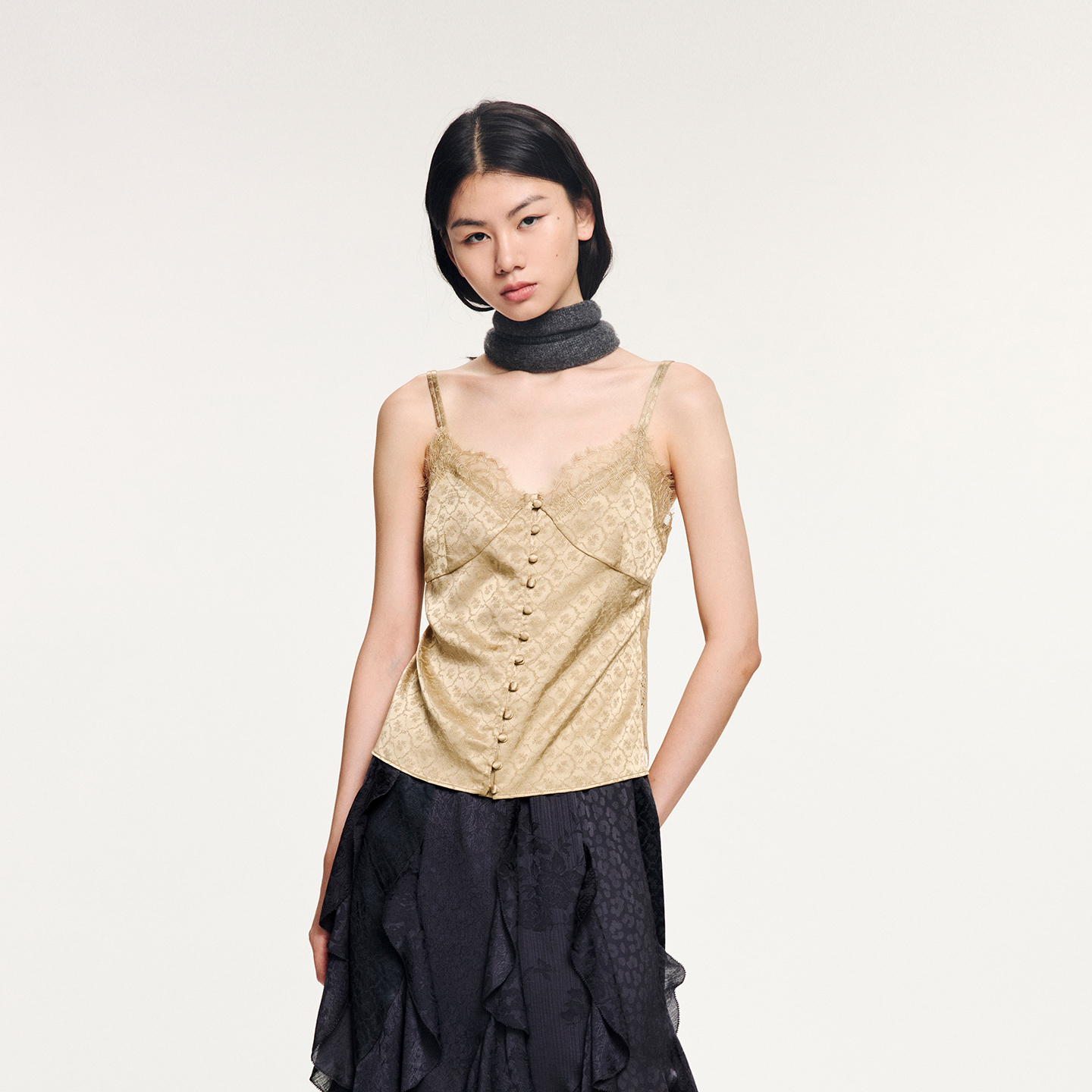 乌丫蕾丝拼接提花吊带