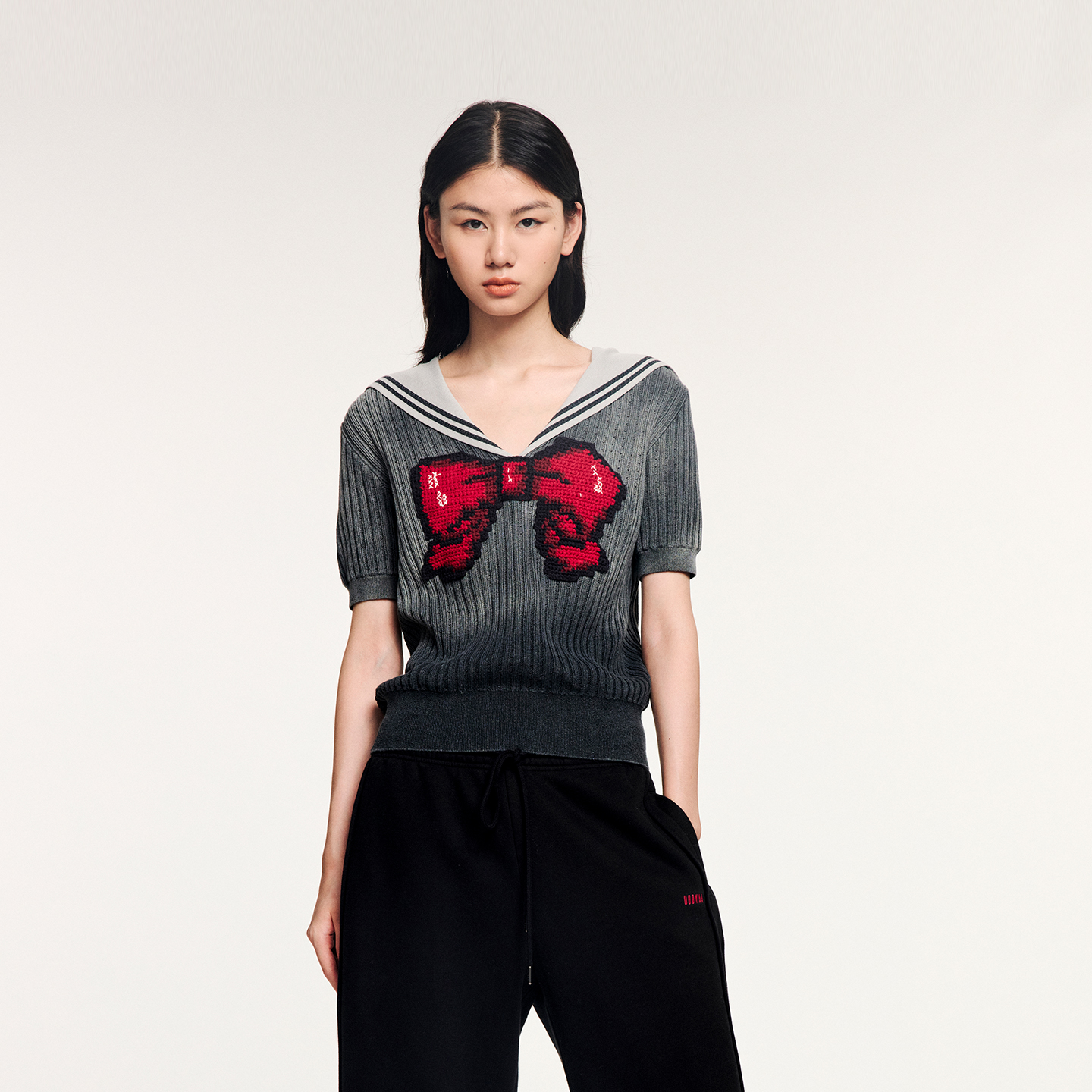 蝴蝶结渐变海军领针织T恤