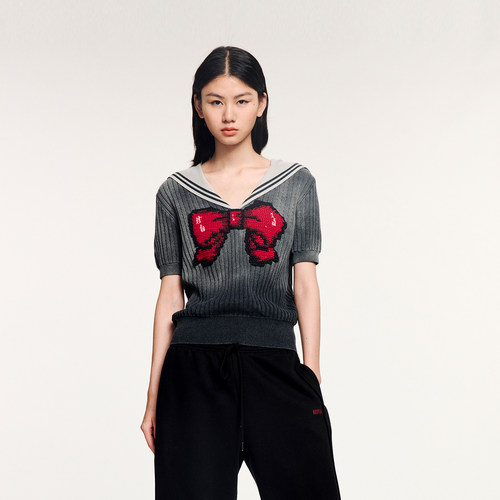 蝴蝶结渐变海军领针织T恤
