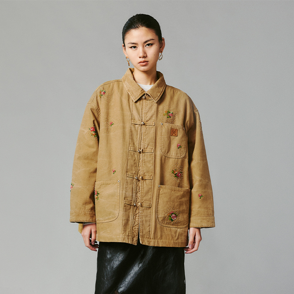 乌丫刺绣钉珠水洗工装棉服