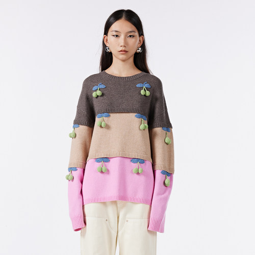 UOOYAA/乌丫手钩樱桃拼接毛衫