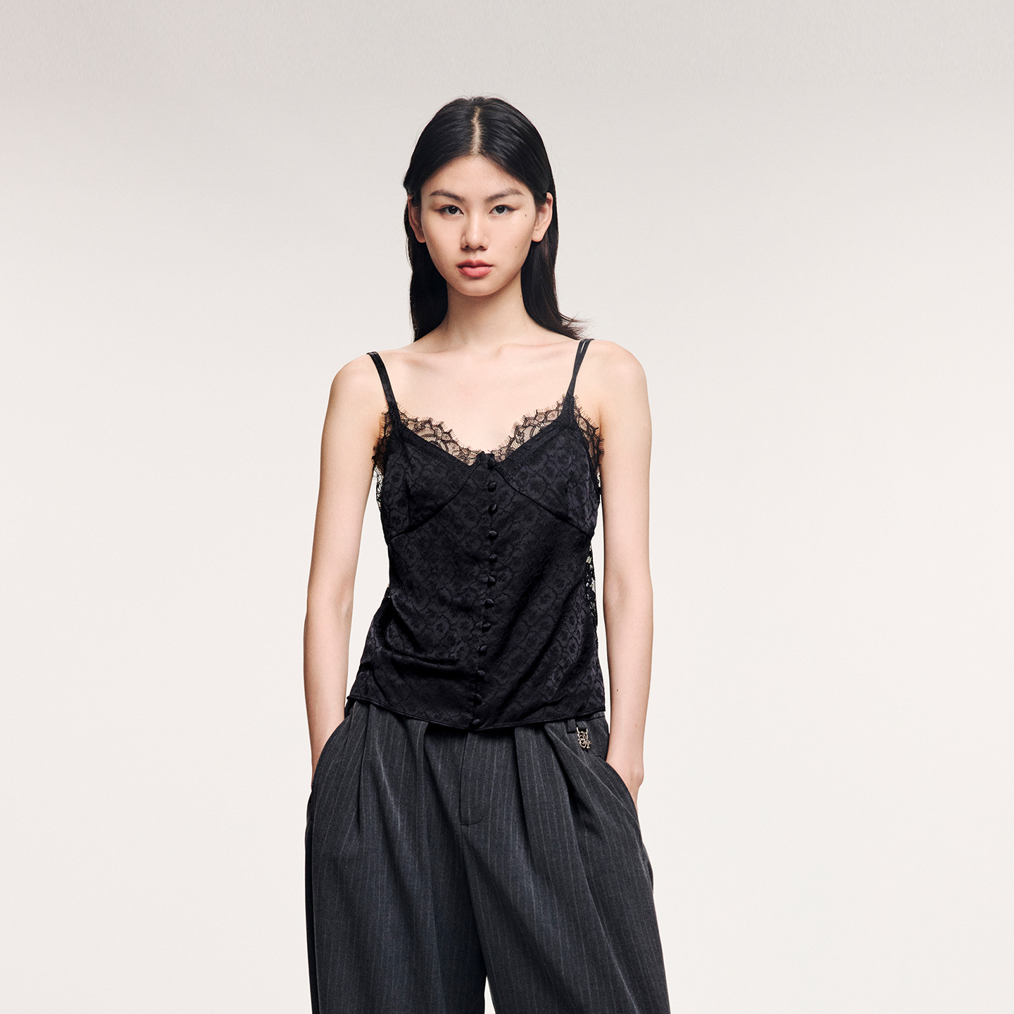 UOOYAA/乌丫蕾丝拼接提花吊带