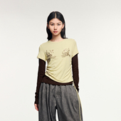 新款 UOOYAA 乌丫2025冬季 「魔法花园」钉珠刺绣假两件T恤