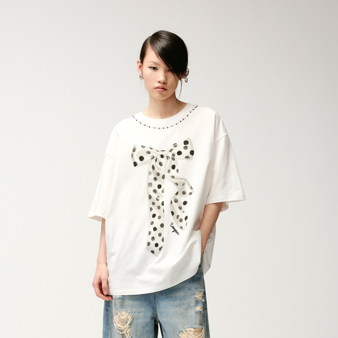 UOOYAA/乌丫2026夏季新款「乐园」系列珠片绣花波点蝴蝶结T恤
