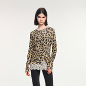 UOOYAA T恤 「魔法花园」豹纹蕾丝亨利领长袖 乌丫2025冬季 新款