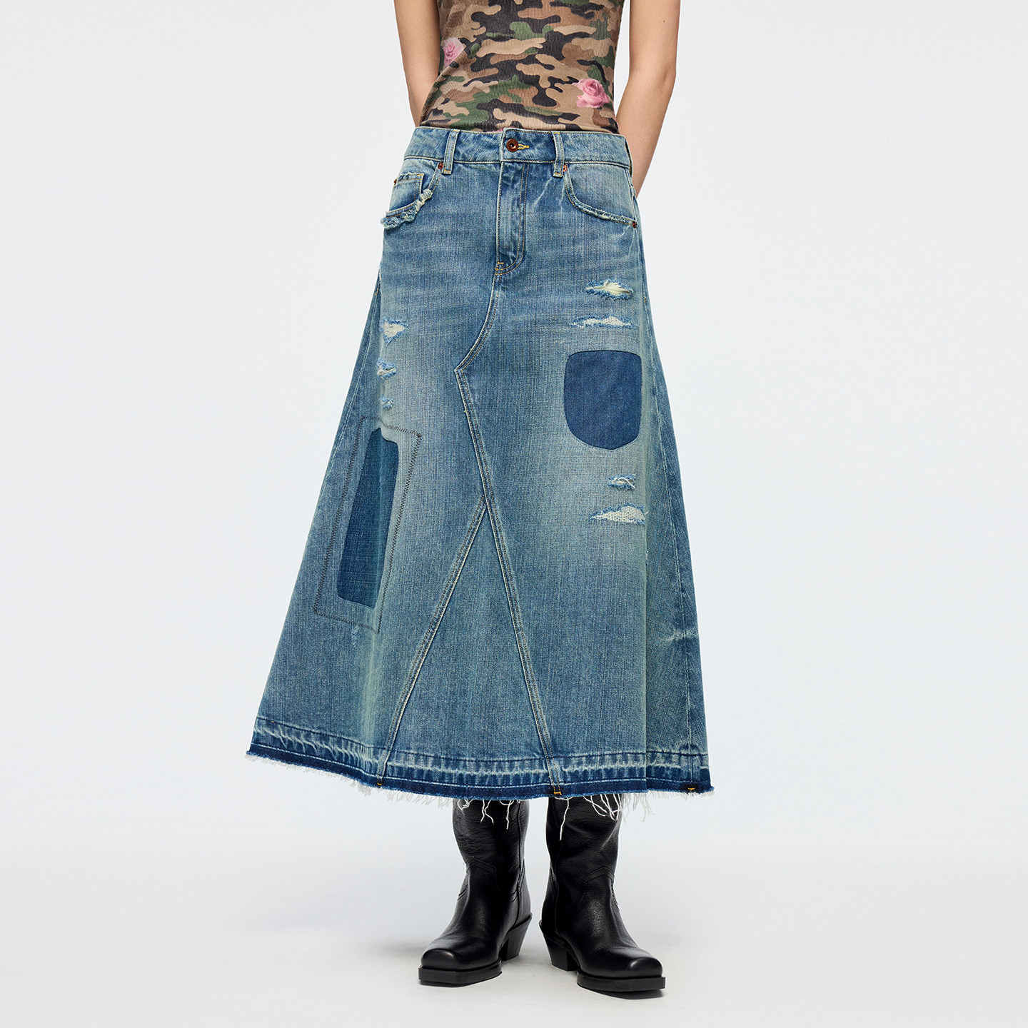 UOOYAA/乌丫2026春季新款「奇幻都市」破洞补丁牛仔五袋半裙,女装/女士精品,半身裙,淘宝优惠券,粉丝福利购,淘宝优惠卷