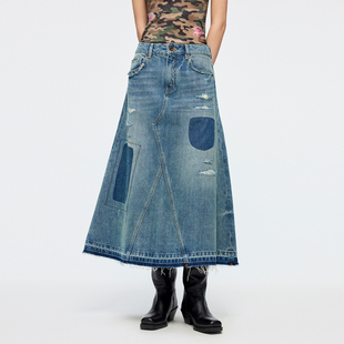 「奇幻都市」破洞补丁牛仔五袋半裙 新款 UOOYAA 乌丫2026春季