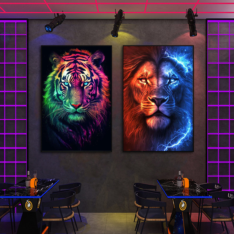 酒吧墙面装饰画会所背景墙发光挂画KTV包厢包间狮子老虎动物壁画