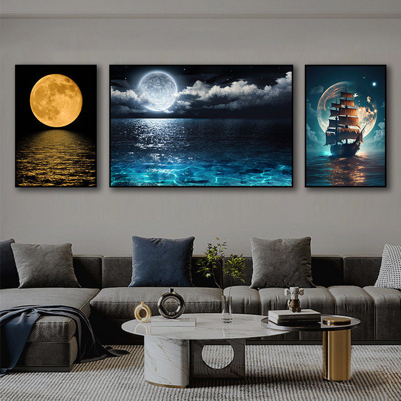 月亮客厅发光挂画帆船大海月球卧室床头装饰画电竞酒店房间灯光画