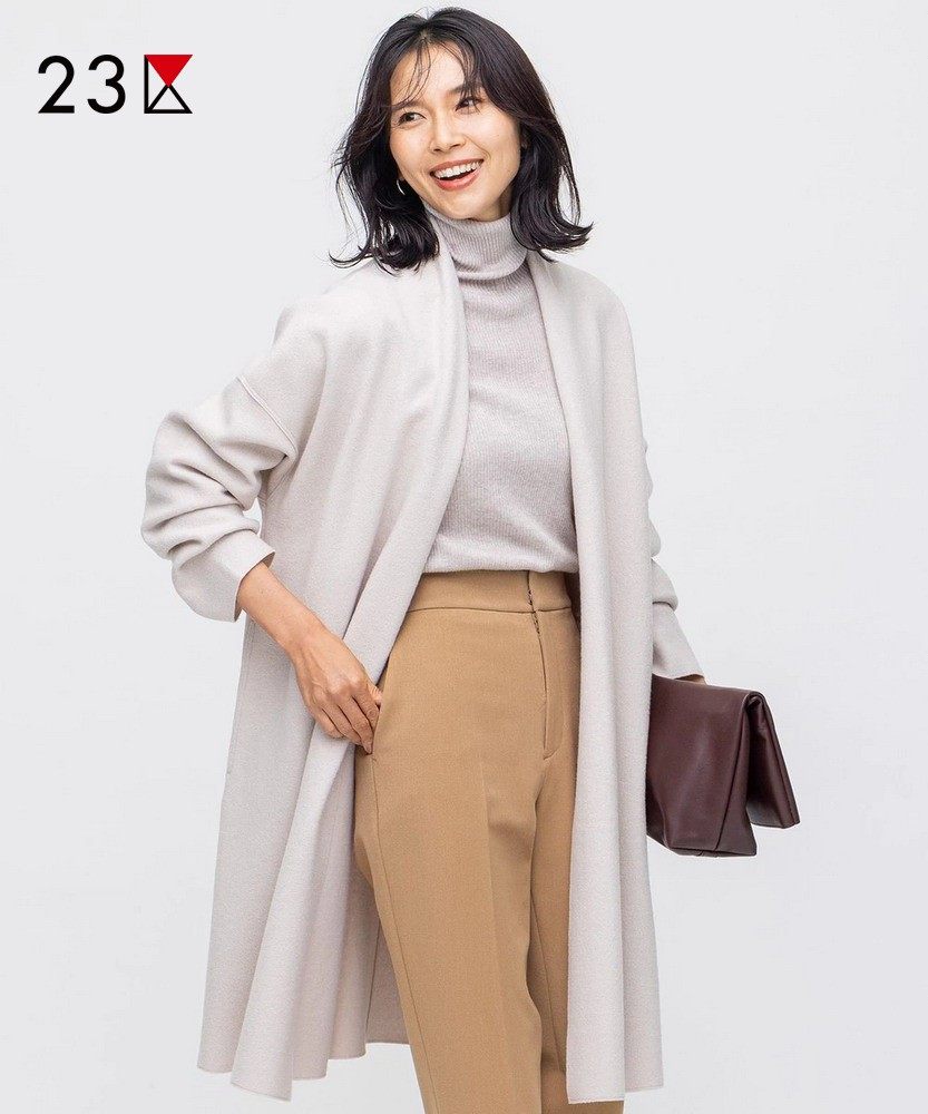 23区日系秋季通勤宽松款羊毛混纺中长款外套无扣长款上衣商场同款