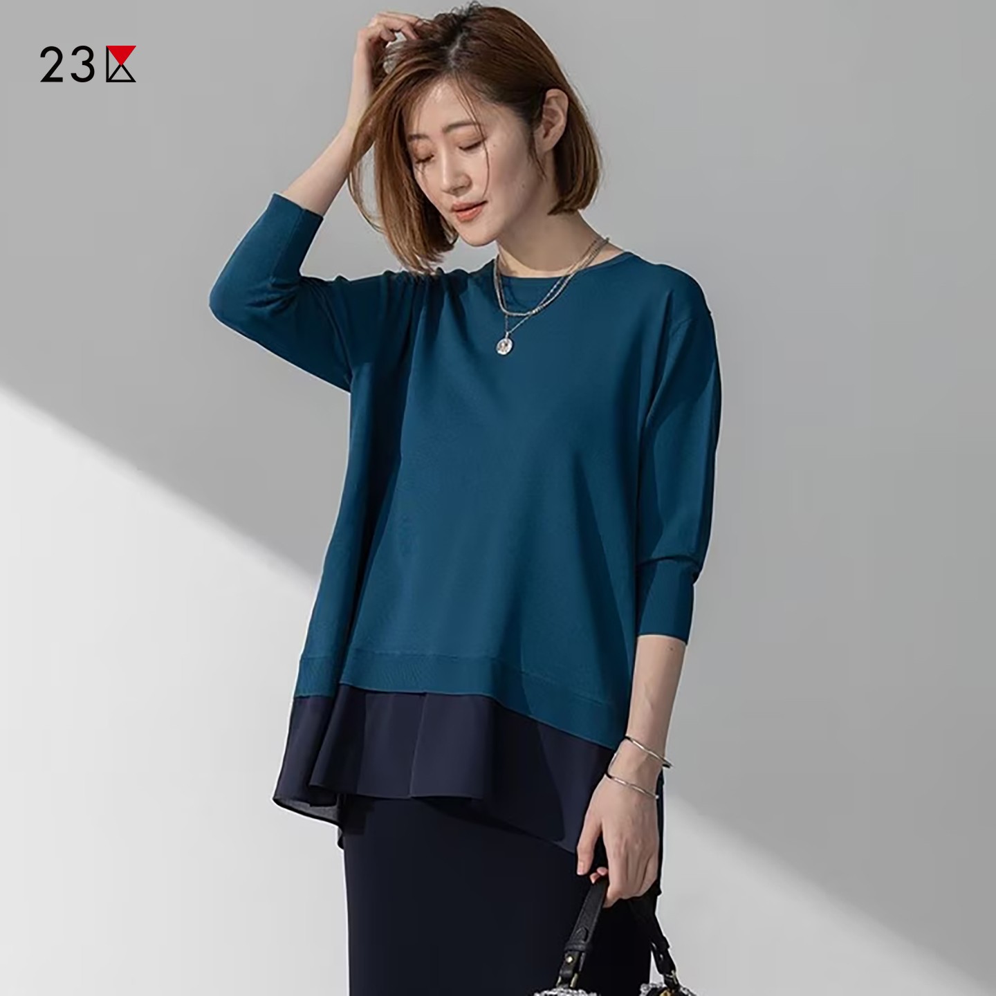 混纺拼接假二件针织上衣商场同款