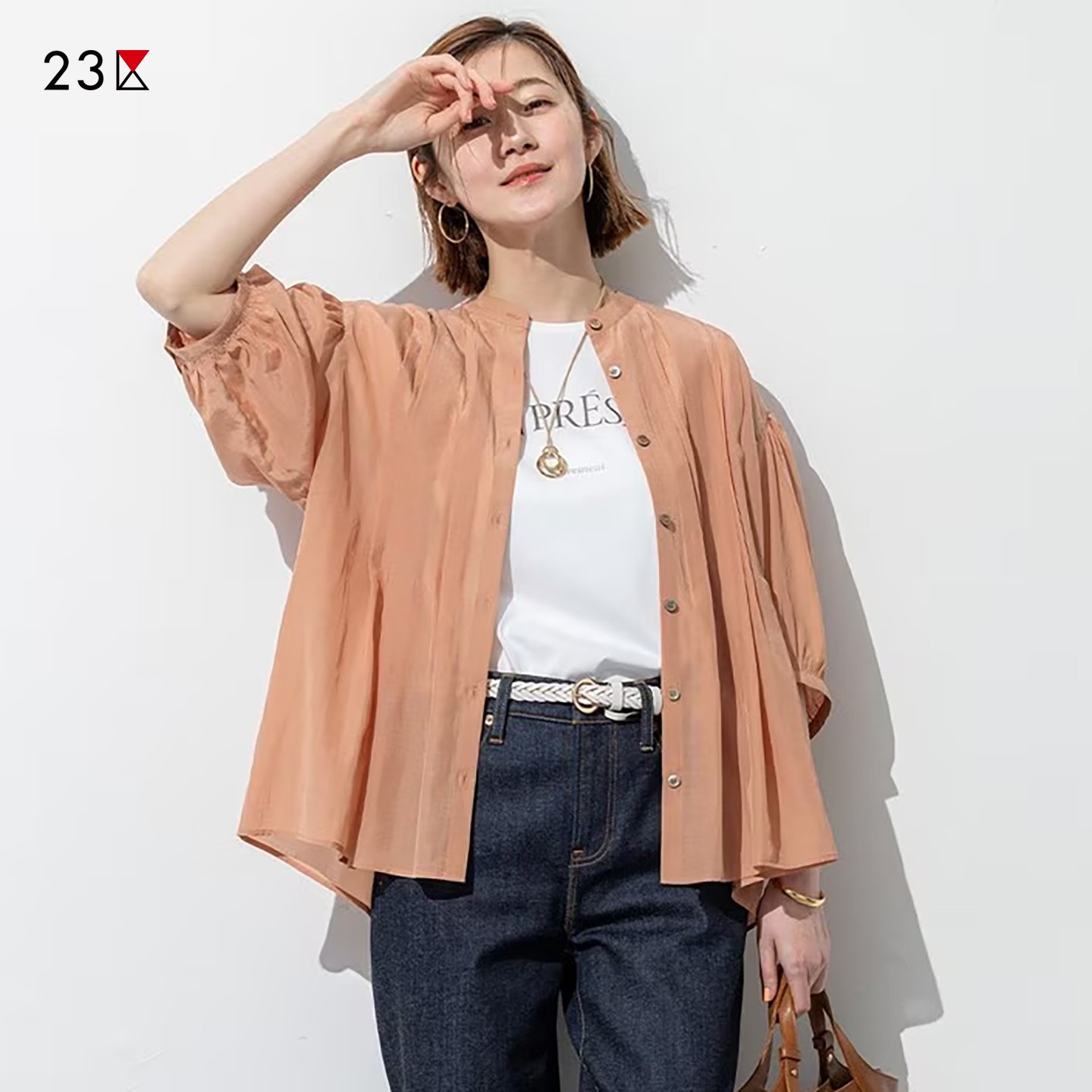 棉混纺小立领七分袖衬衣商场同款