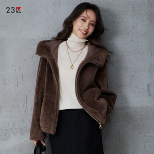 23区日系秋冬季 通勤宽松羊毛混纺羊羔毛带帽外套休闲上衣商场同款
