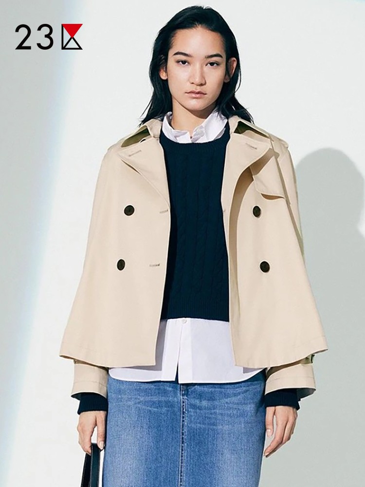 棉混纺双排扣短风衣外套商场同款